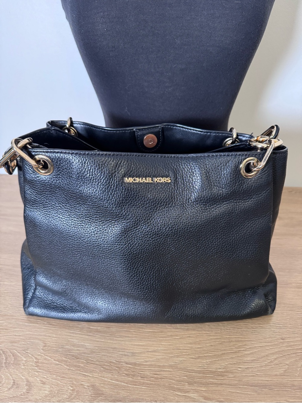 Michael Kors Black Leather Shoulder Tote with Gold Hardware
